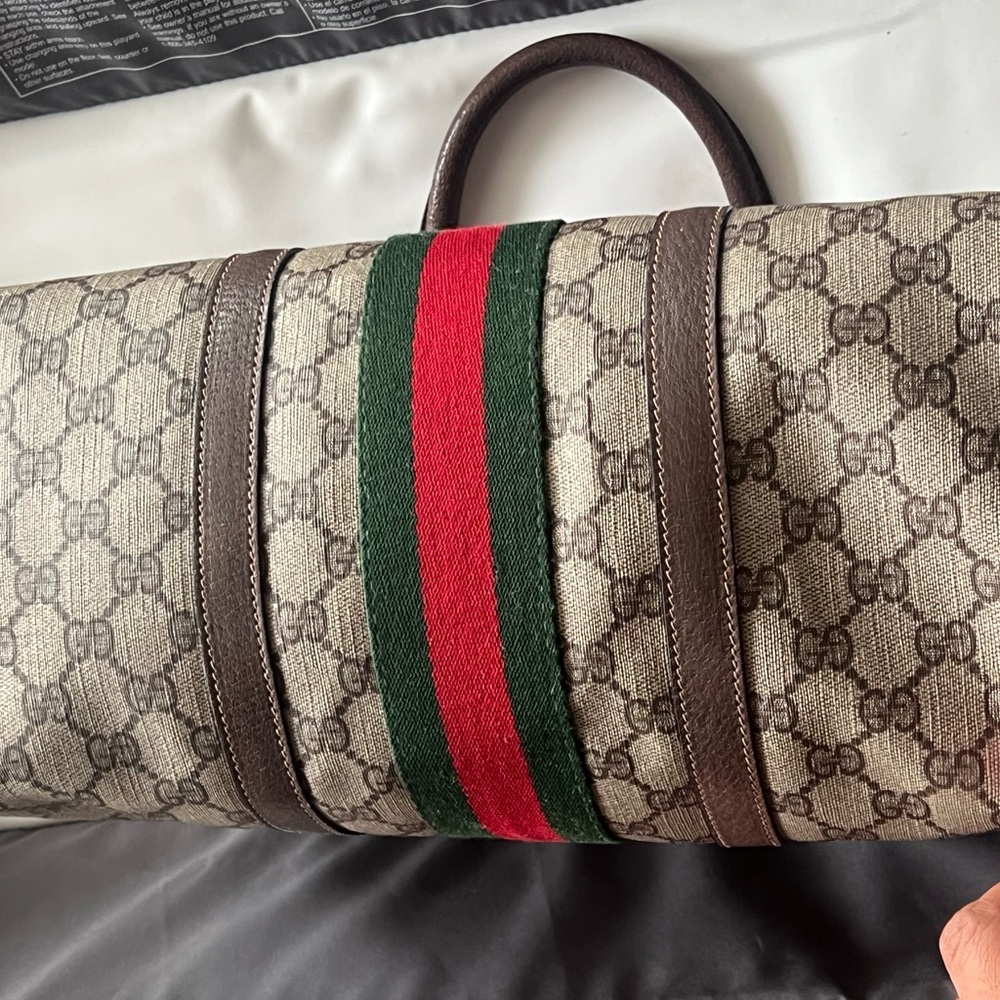 Gucci Beige and Brown Duffel Bag with Red and Green Stripes